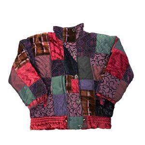 Vintage Unique Patchwork Quilted Jacket Womens Colorful Boho Velvet Silk Blend